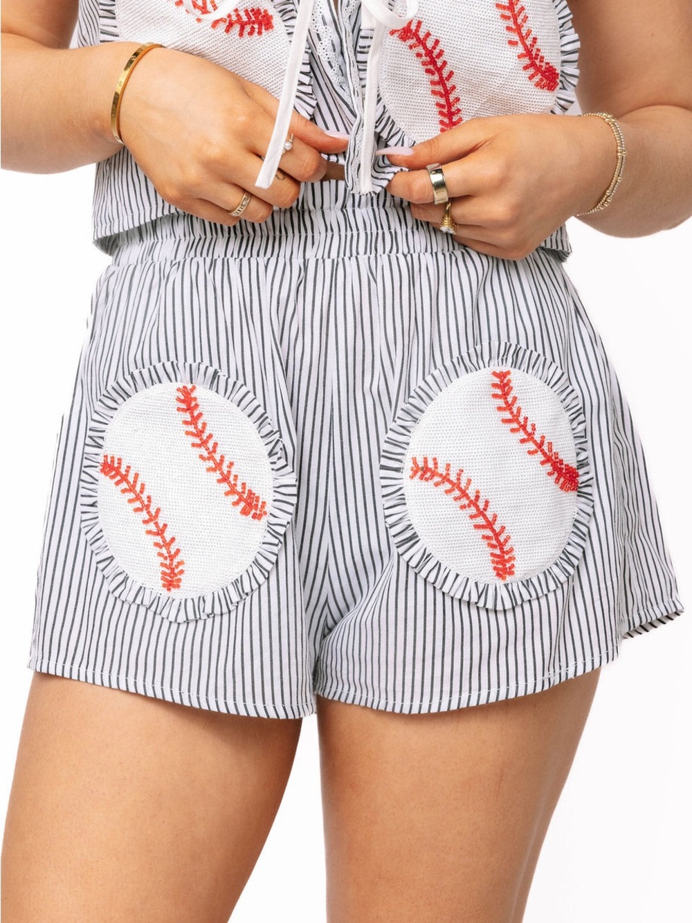 Queen of Sparkles Black & White Stripe Baseball Shorts Large Cotton Game Day